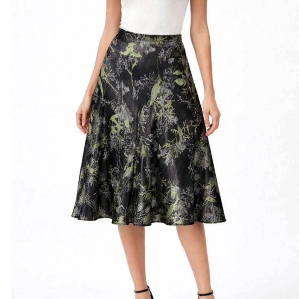 Calvin Klein 100% Silk A-Line Skirt All Over Print Brown Green Earthy Size 8 NWT